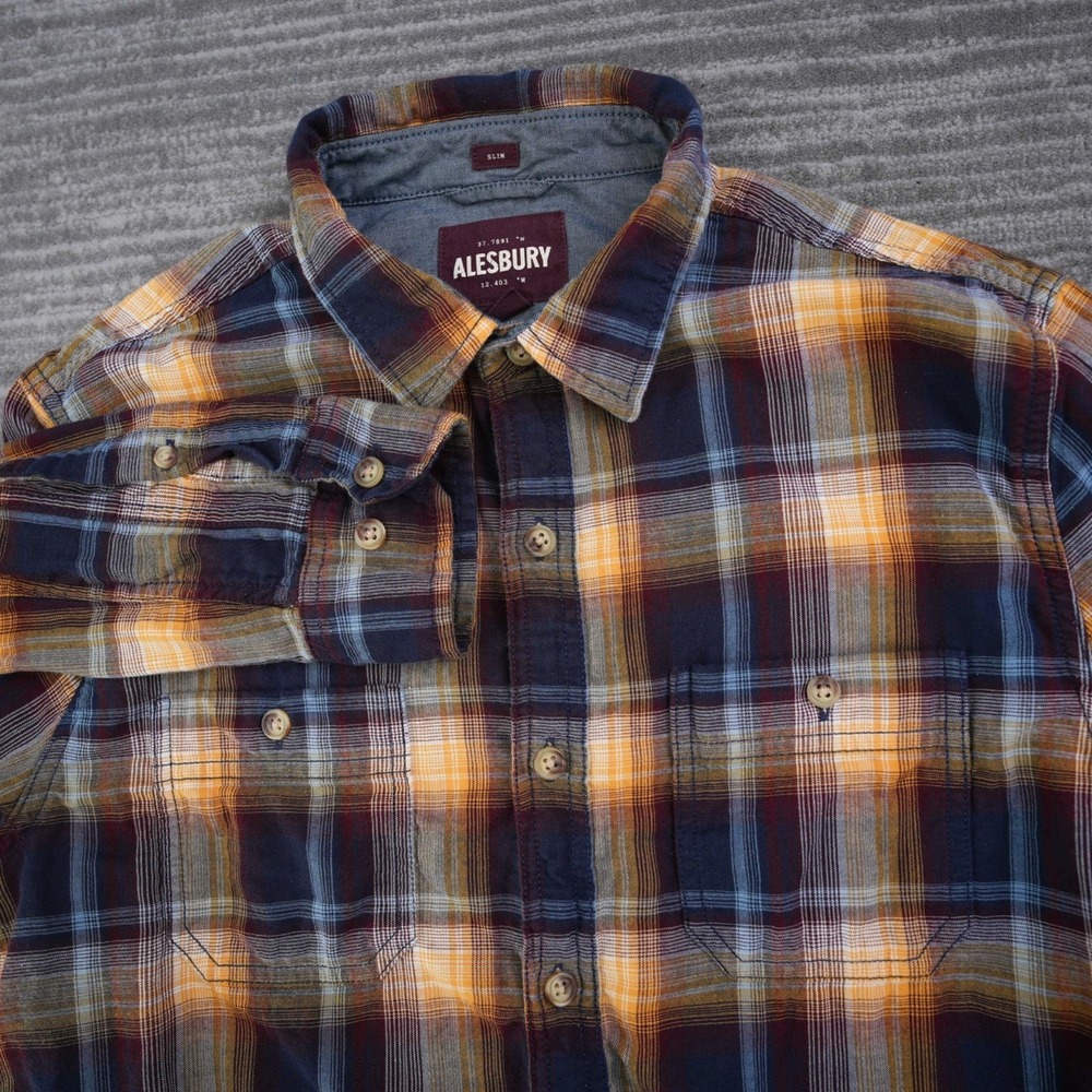 Alesbury Shirt Men Plaid Button Up Brown Yellow‎ 100% Cotton Slim Medium